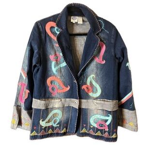 DG2 by Diane Gilman Denim Jacket Embroidered Distressed Western Boho Size M